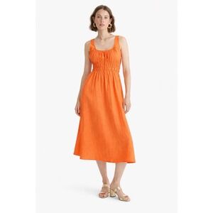 J Crew Orange Linen Smocked Waist Tie Front Midi Dress 2X Sleeveless Cottagecore